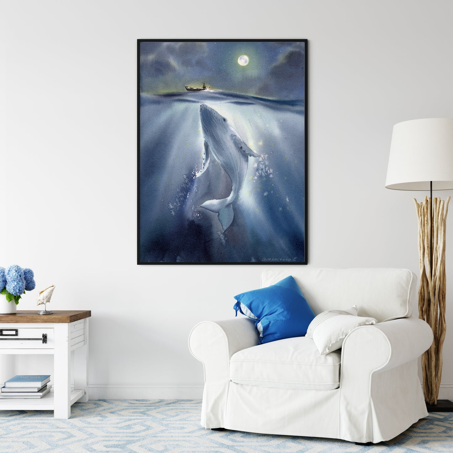 Whale Painting, Watercolor Art Print - Serene Whale Under Moonlit Sky, Perfect for Nursery Decor & Ocean Lovers