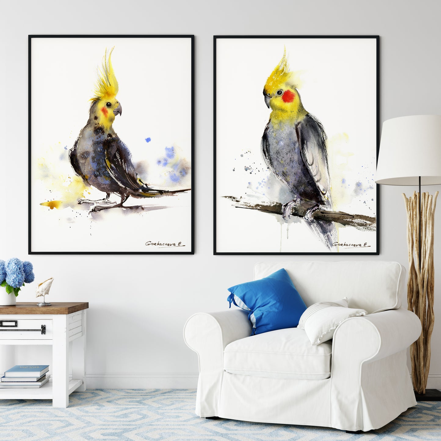 Parrot Set of 2 Art Prints, Watercolor Bird Painting, Cockatiel Wall Art, Bedroom Wall Decor, Yellow Gray Tropical Birds
