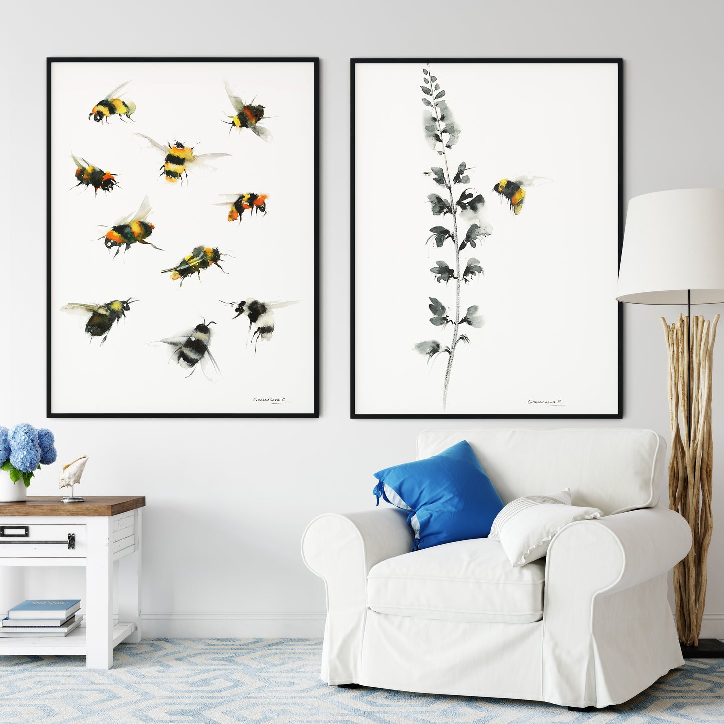 Set of 2 Bee Flower Prints, Watercolor Art, Black & Yellow Wall Decor, Minimalist Kids Room Decor, Floral Painting