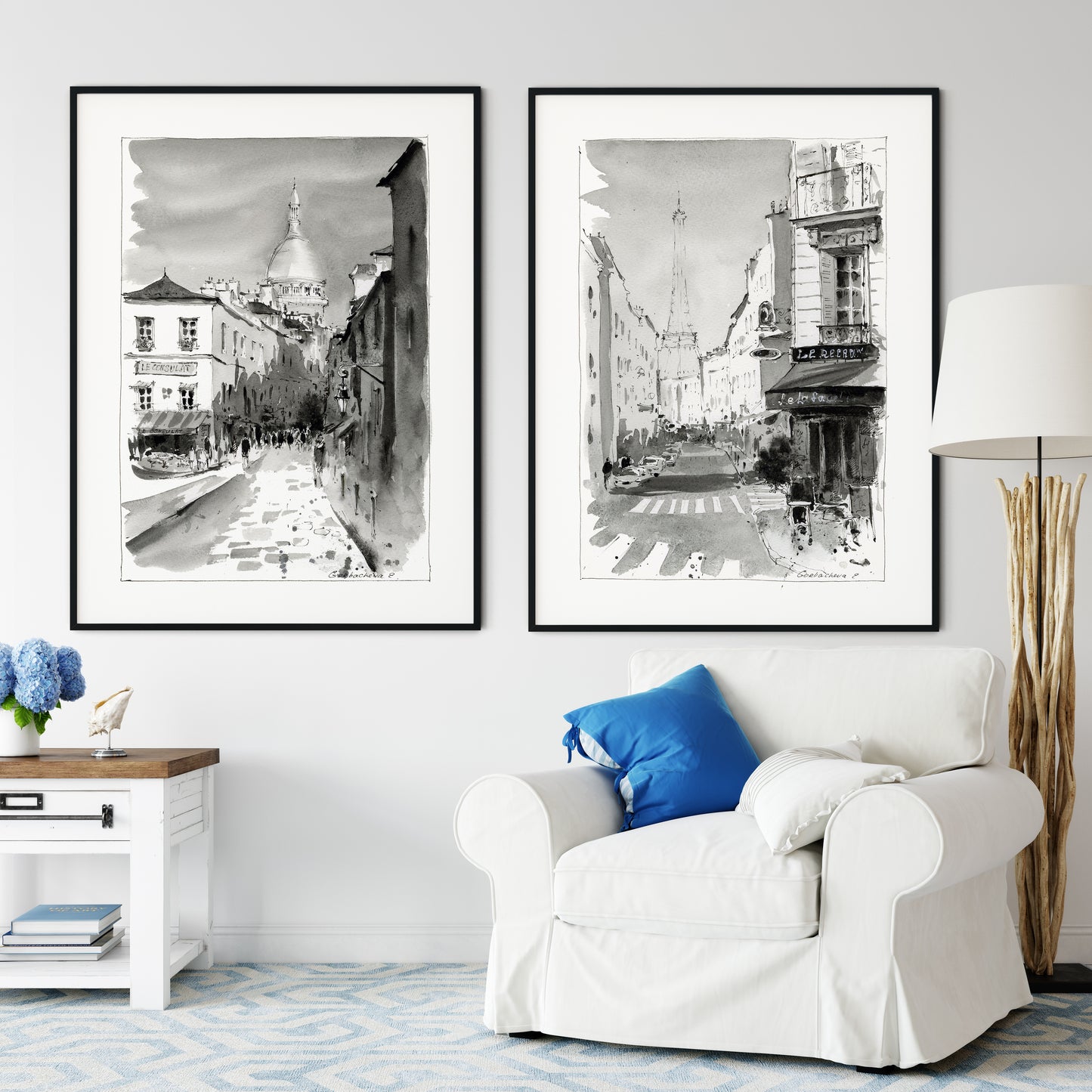 Montmartre Art Set of 2, Black and White Paris Street Prints, Eiffel Tower Wall Decor, French Chic Home Artwork
