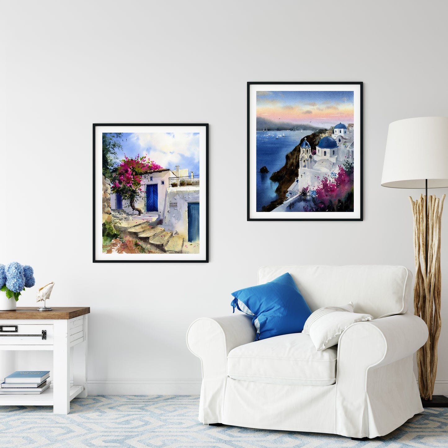 Greece Prints Set of 2 Wall Art, Santorini Gallery Wall Set, Blush Mediterranean Art, Blue White Coastal Travel Paintings