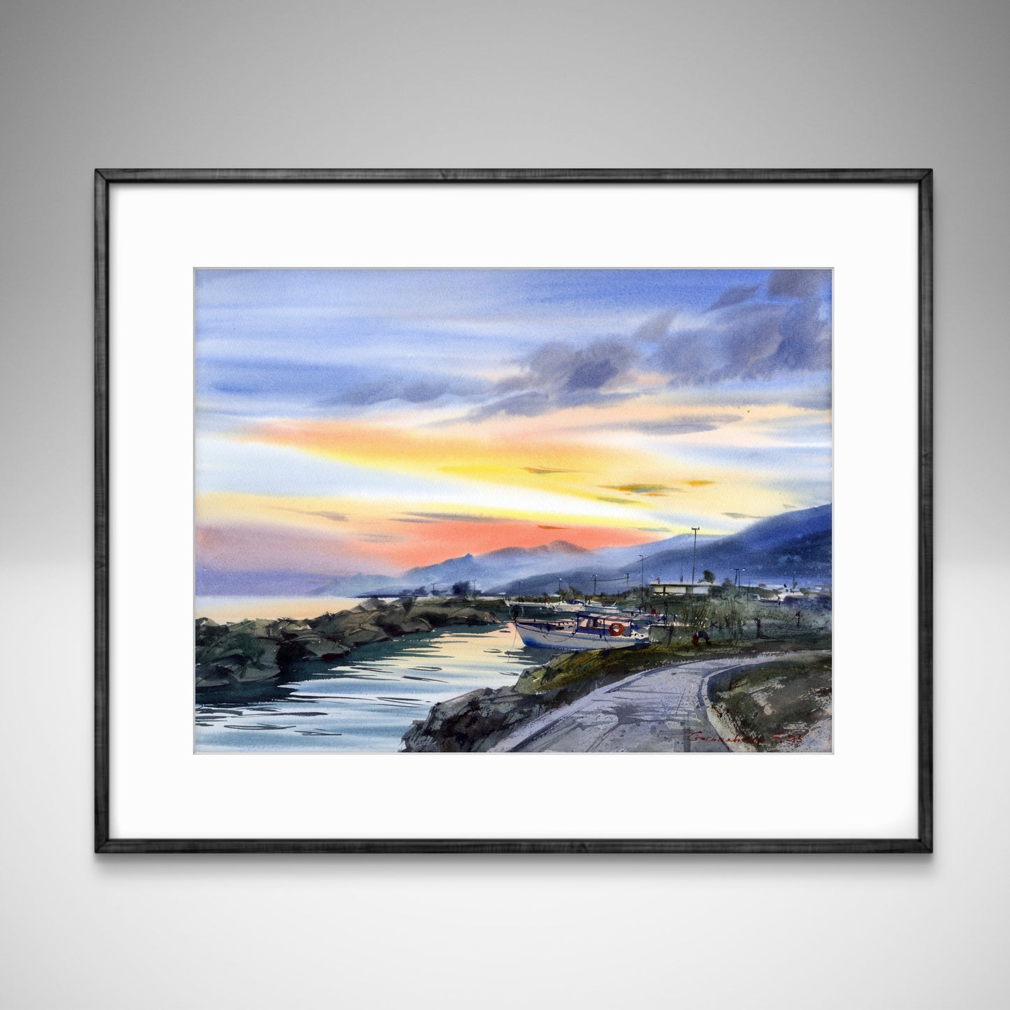 Seascape Watercolor Painting, Golden Hour in Cyprus #2 12x16