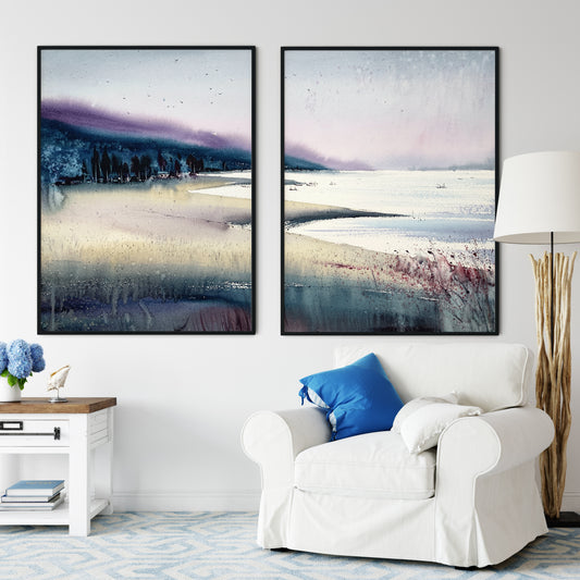 Coastal Abstract Art Set | Beach & Hills Diptych in Beige, Burgundy, and Purple Tones