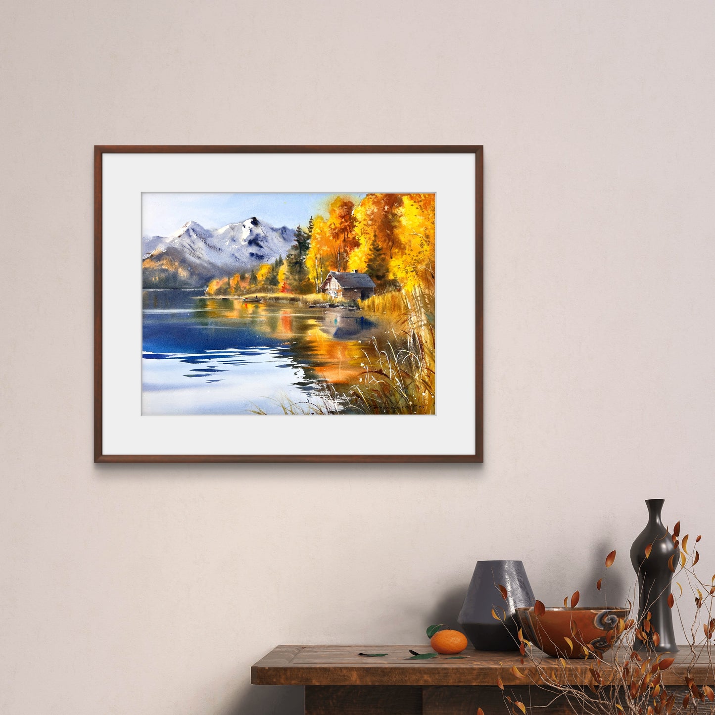 Original Autumn Mountain Lake Watercolor Painting, Mountain Solitude 12x16 in