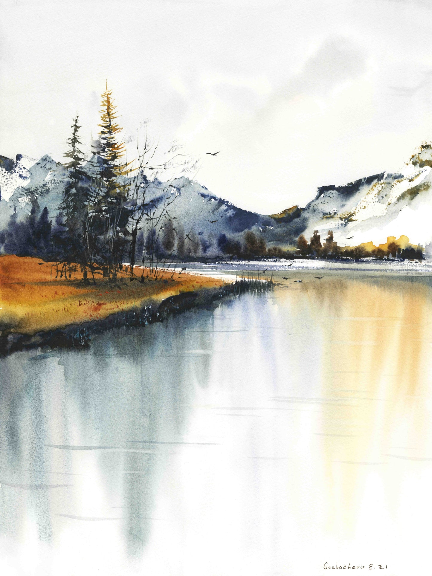 Set of 2 Autumn Lake Prints, Fall Mountain Wall Decor, Watercolor Nature Painting, Canvas Large Print, Landscape Art