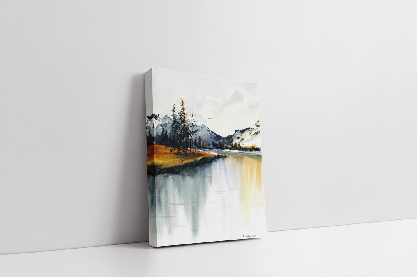 Set of 2 Autumn Lake Prints, Fall Mountain Wall Decor, Watercolor Nature Painting, Canvas Large Print, Landscape Art