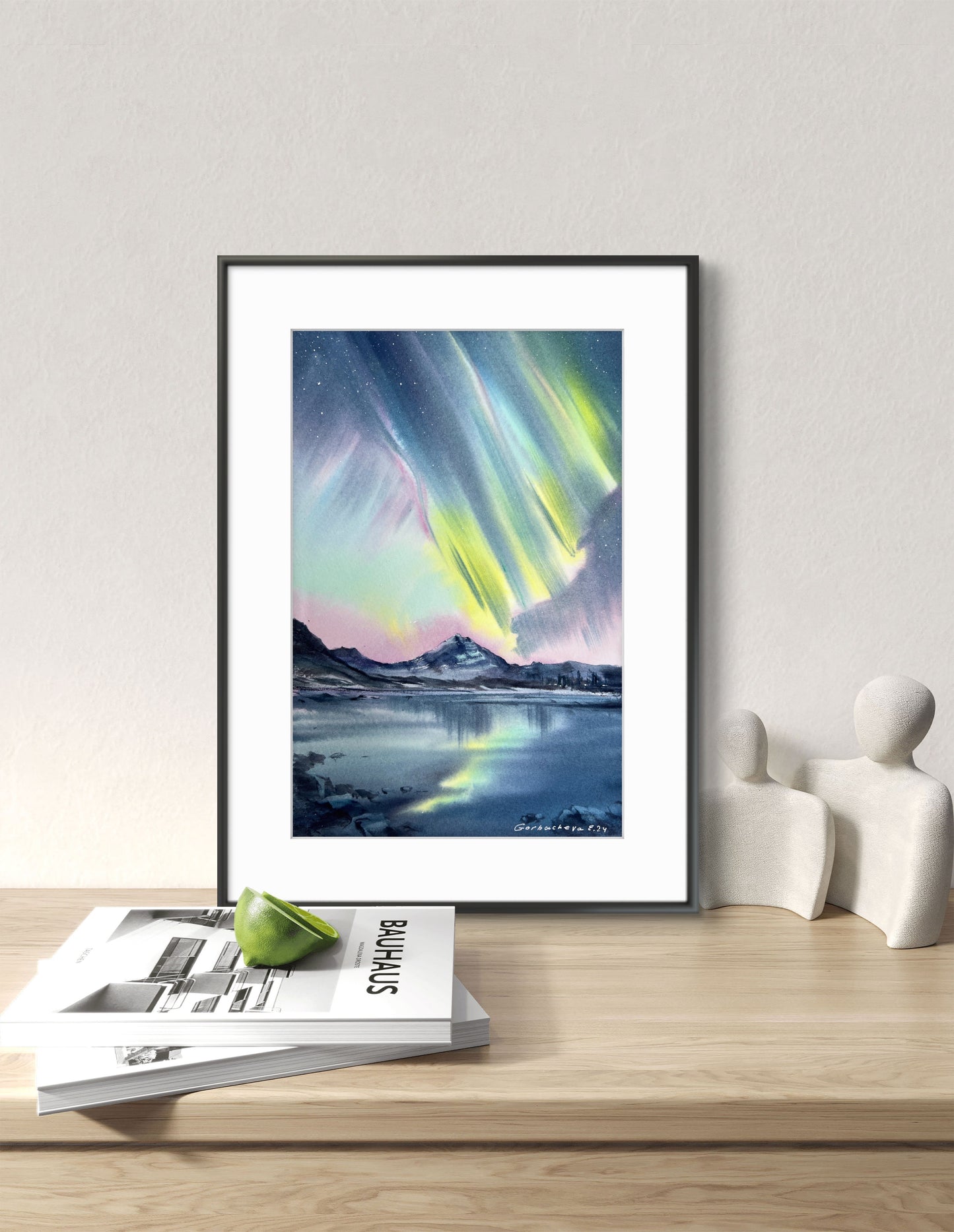 Snowy Landscape Painting Watercolor Original - Northern lights #54