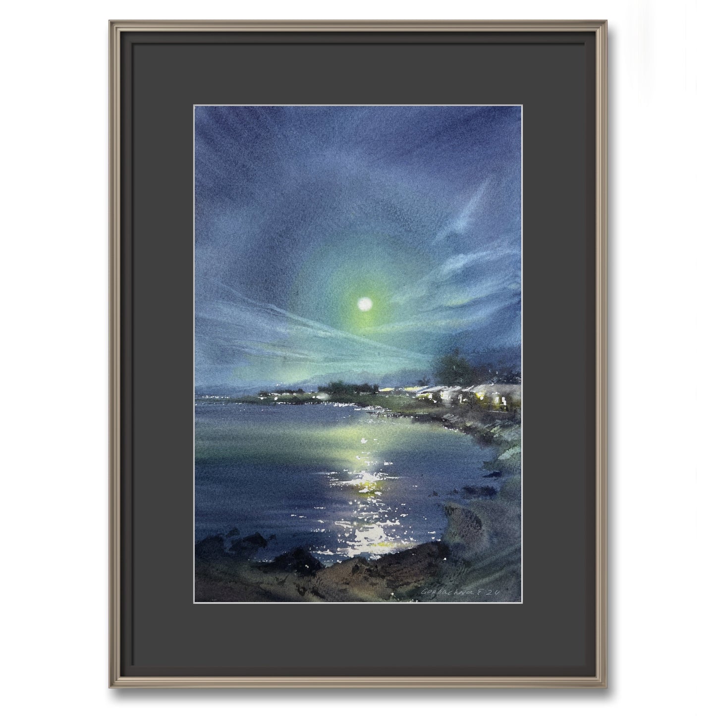 Seascape Painting Original, Small Watercolor Artwork - In the moonlight #4