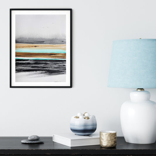 River Valley Abstract Painting - Watercolor in Gray, Burnt Orange, Turquoise Tones