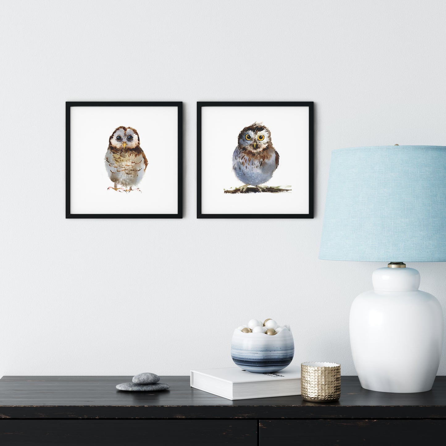 Cute Angry Owl Set of 2 Art Prints, Watercolor Prints, Gray Birds, Bird Animal Kids Room Wall Decor, Wildlife Print