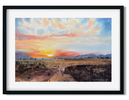 Watercolor Country Landscape Painting Original, Rural Art Decor, Clouds & Sky, Sunset Wall Art, Field, Gift