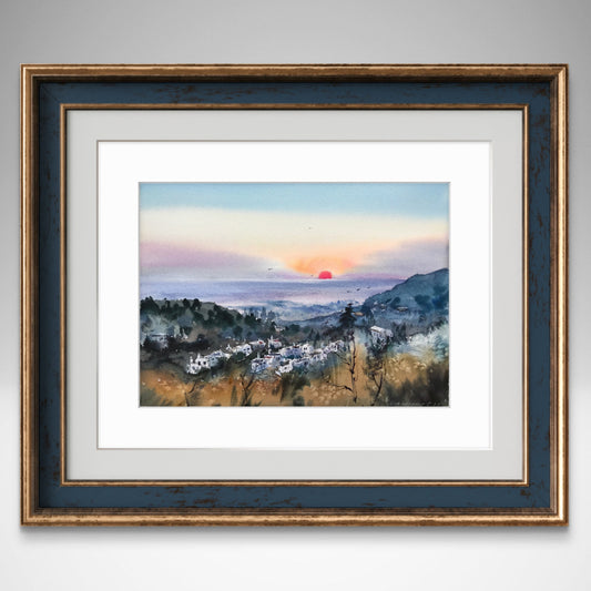 Greek Village Sunset Watercolor Painting, Greek village Sunrise #2, 9x12