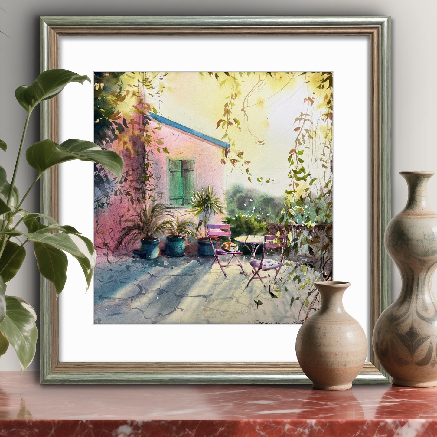 Cyprus Cafe Watercolor Painting, Sunlit Cyprus Corner 12x13