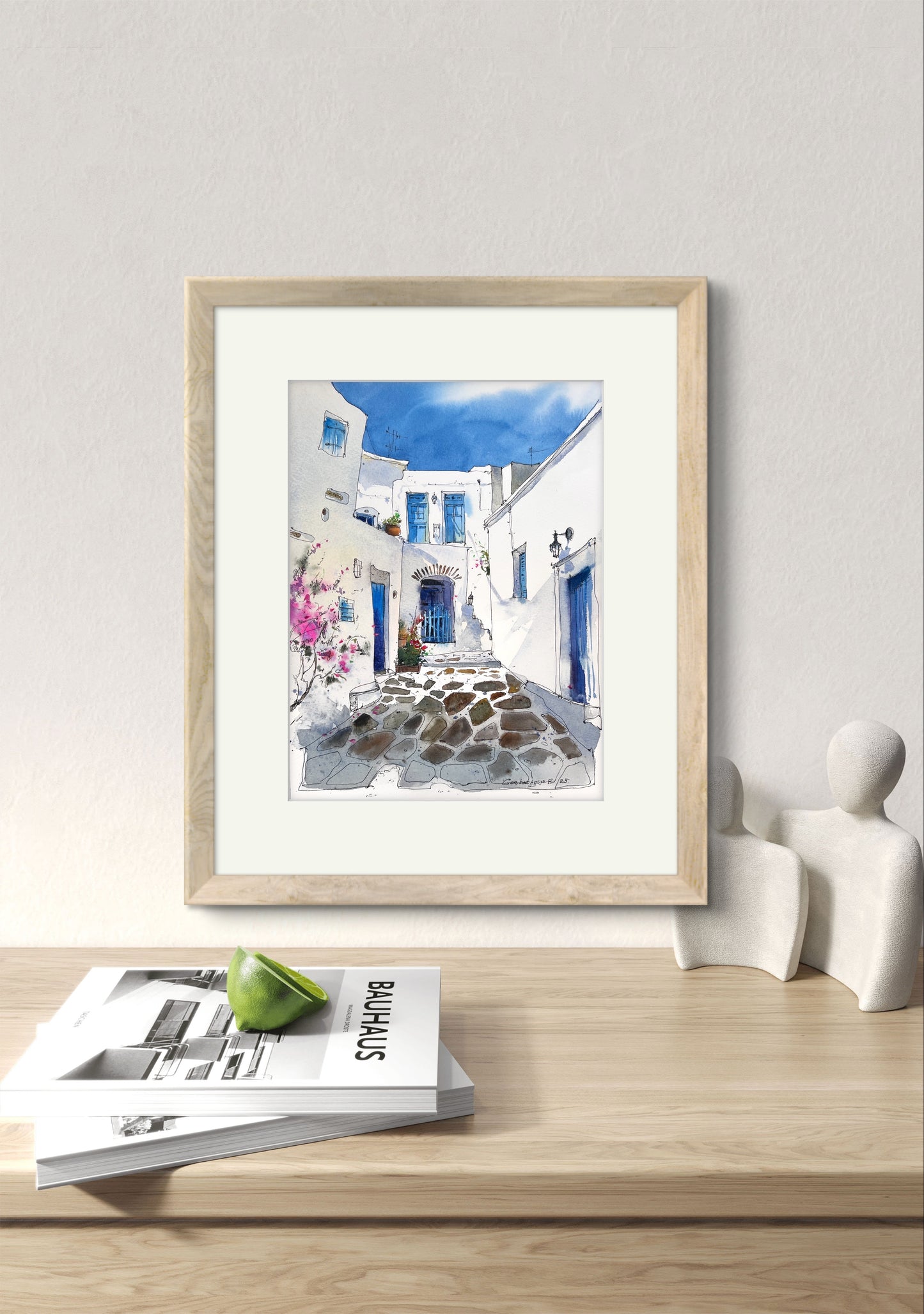 Spanish Corner - Mediterranean art original artwork, vibrant blue door and whitewashed walls