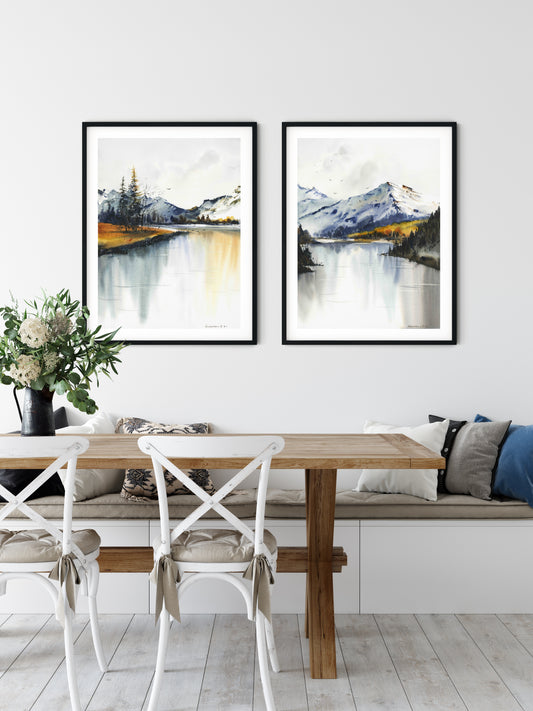 Set of 2 Fall Nature Prints, Abstract Mountain Wall Decor, Watercolor Painting, Canvas Large Print, Autumn Lake Art