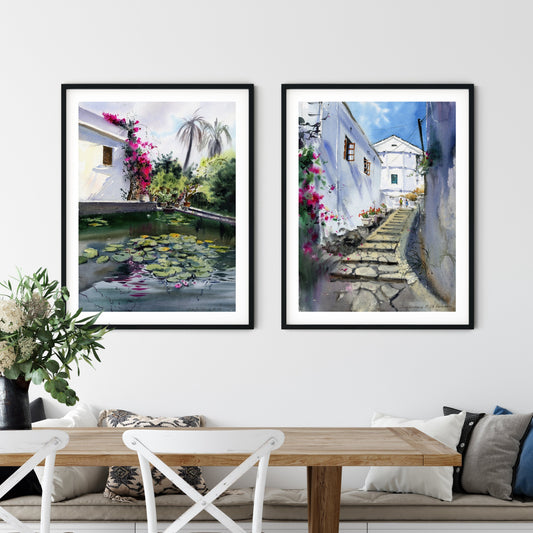 Mediterranean Wall Art, Set of 2 Prints, Paintings With Bougainvillea Flowers, Greece Architecture, Colorful Wall Decor
