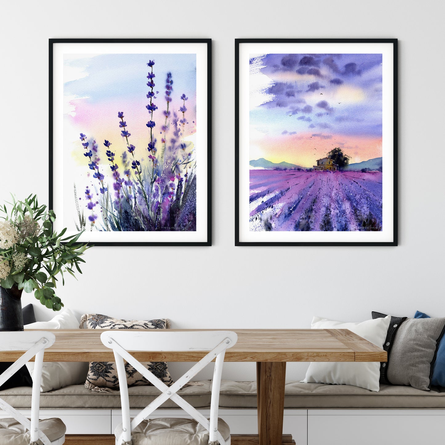 Lavender Landscape Wall Art, Set of 2 Flower Prints, Watercolor Lilac Decor, Country Living Room Wall Decor