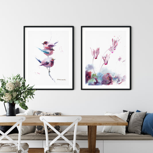 Pink Bird Flower 2 Art Print Set, Minimalist Lilac Wall Decor, Gift Idea For Living Room