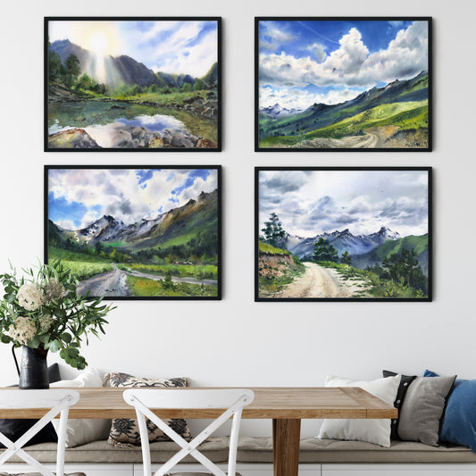 Set of 4 Watercolor Landscape Prints, Nature Gallery Wall Set, Green Mountain Art, Peaceful Scenery Paintings