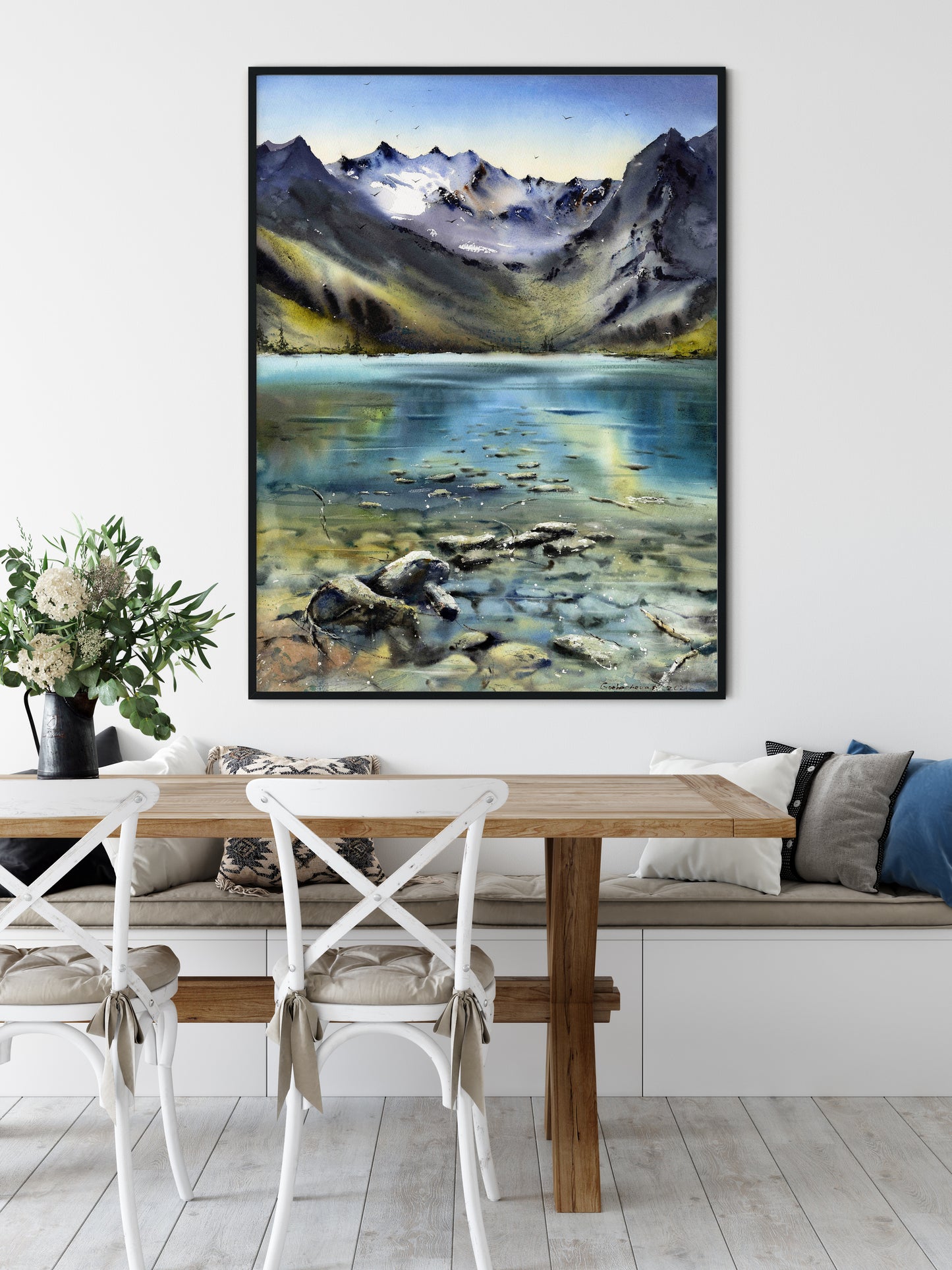 Mountain Lake Wall Art, Nature Art Decor, Clear Blue Water, Landscape Large Print, Modern Home & Office Wall Decoration