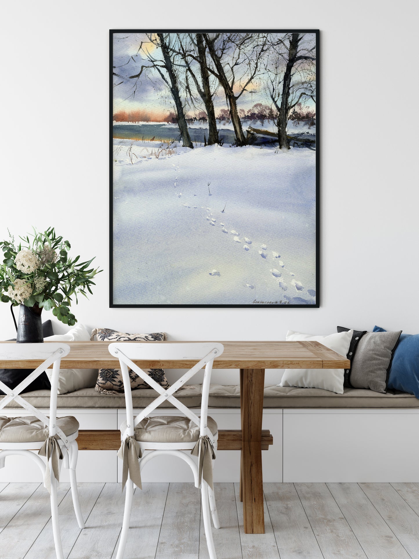 Winter Forest Art Print, Watercolor Landscape Painting, House Wall Decor, Canvas Print, Snowy Field Trees, Night Sky, Gift for Home