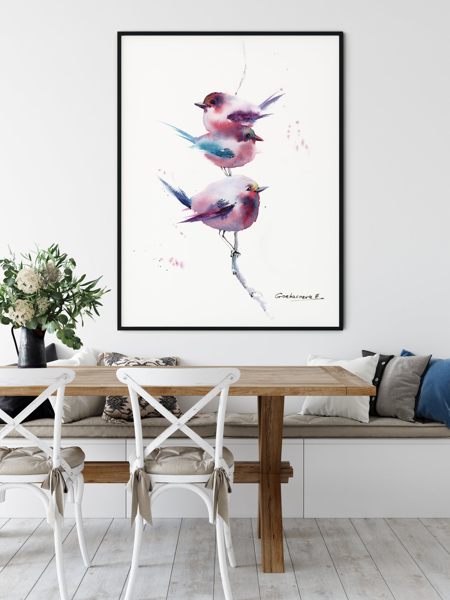 Cute Bird Print, Little Birds Painting, Watercolor Art, Pink Purple Kids Room Decor, Giclee Fine Art Print