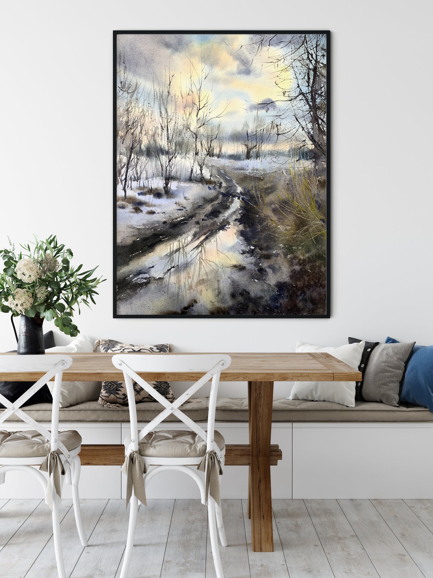 Winter Landscape Art Print, Watercolor Scenery Painting Farmhouse & Country House Wall Decor, Canvas Prints, Trees, Gift