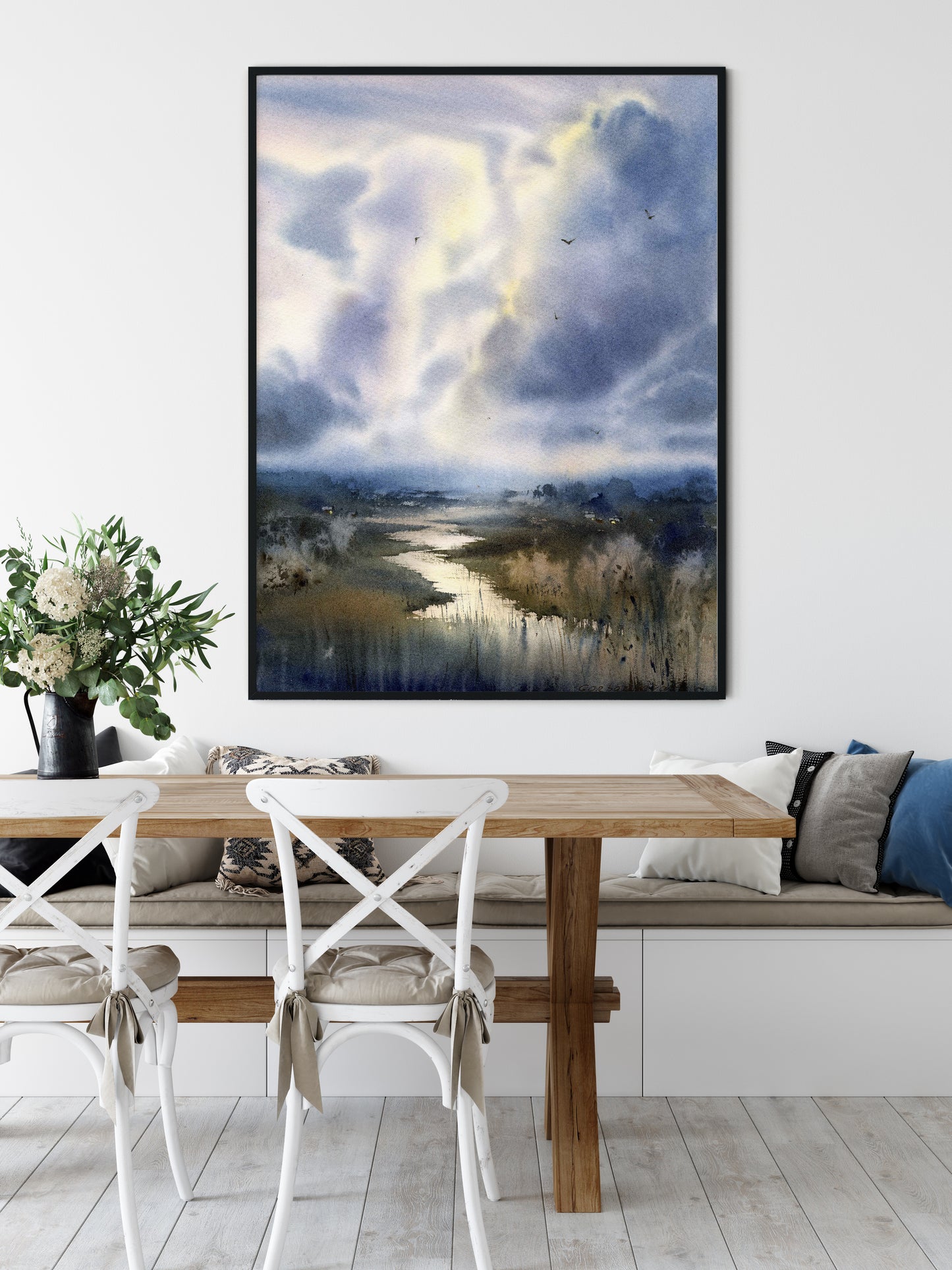 Contemporary Landscape Wall Art, Country Art Print, Rainy Day Watercolor Scenery Painting, Dark Blue Clouds on Canvas
