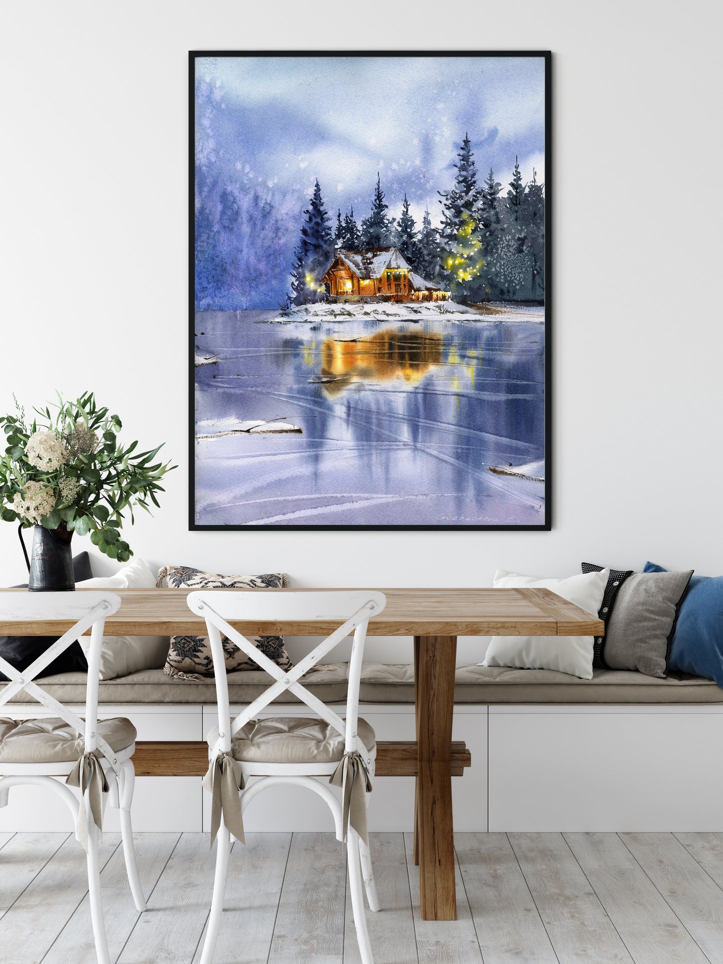 Winter Print, Watercolor Christmas Painting, Holiday Wall Art, Lake House Decor, Snowy Landscape Artwork