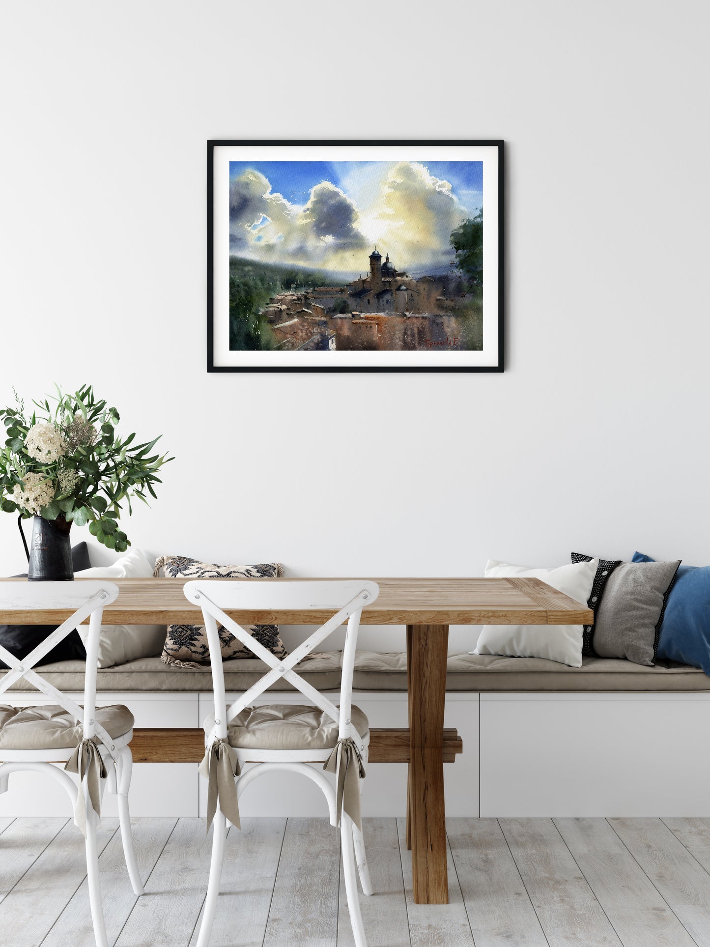Fabriano Skyline Watercolor Painting Print - Italy Cityscape Artwork