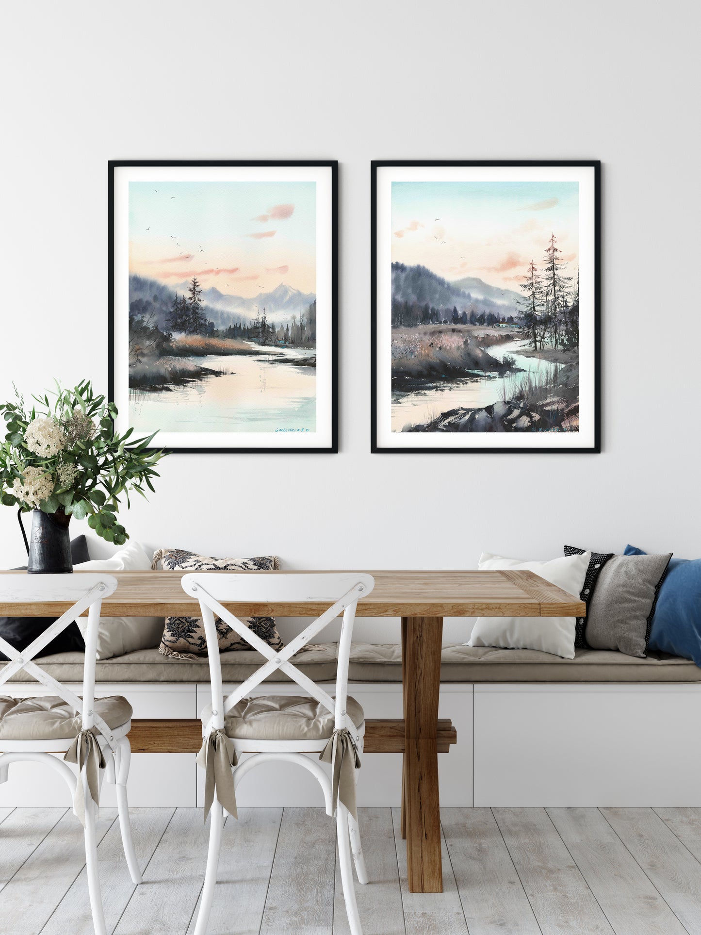 Nature Set of 2 Pieces, Pine Tree Forest Art Prints, Contemporary Wall Art, Mountain Painting, Bedroom Decor, Giclee Canvas Print