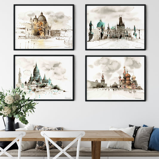4 Piece Gallery Wall Set, Travel Europe Art, Prague Venice Paris Prints, Watercolor Painting, European Architecture