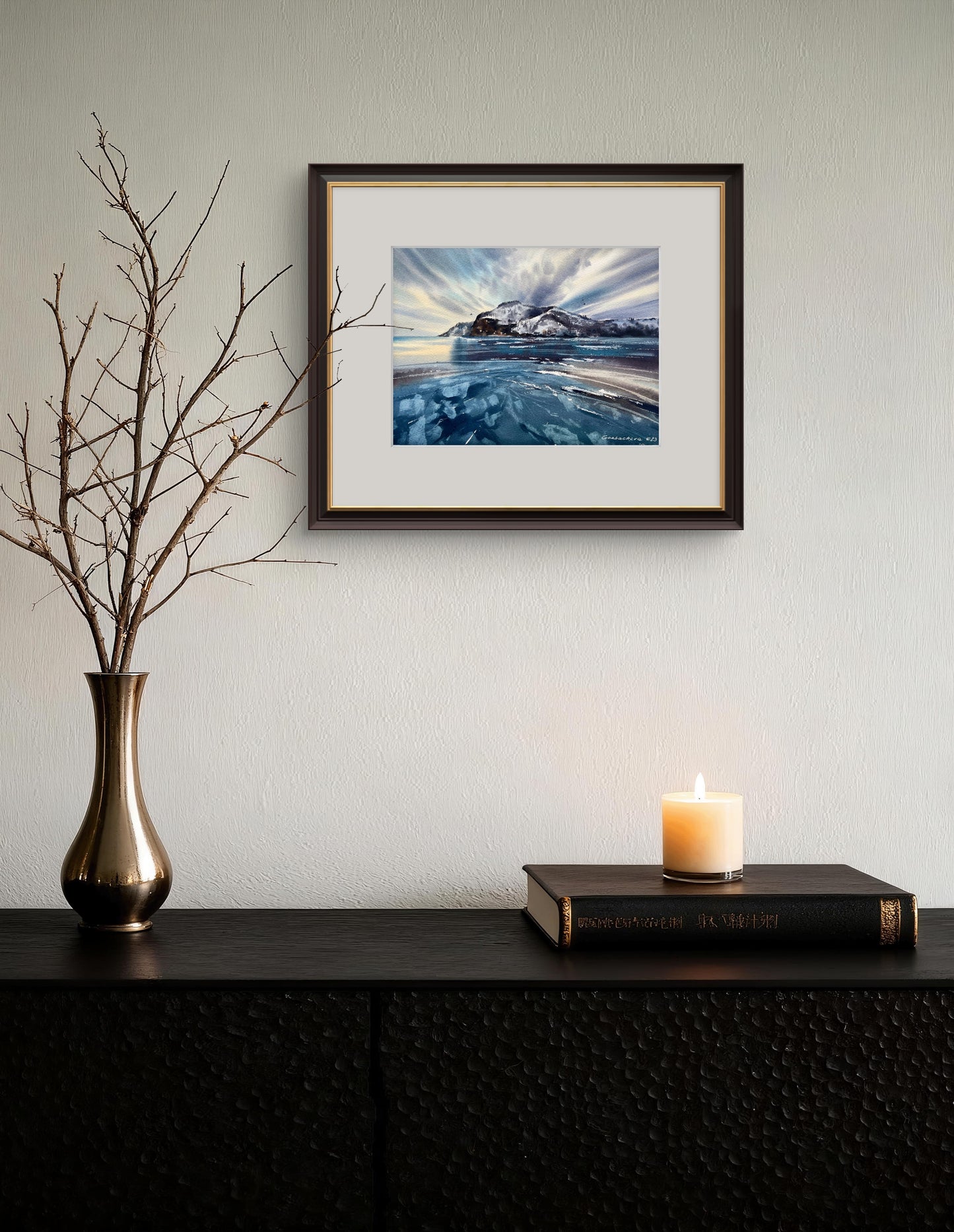 Frozen Lake Painting Original, Watercolor Winter Seascape, Explorer, Lake Baikal #7, 11x15