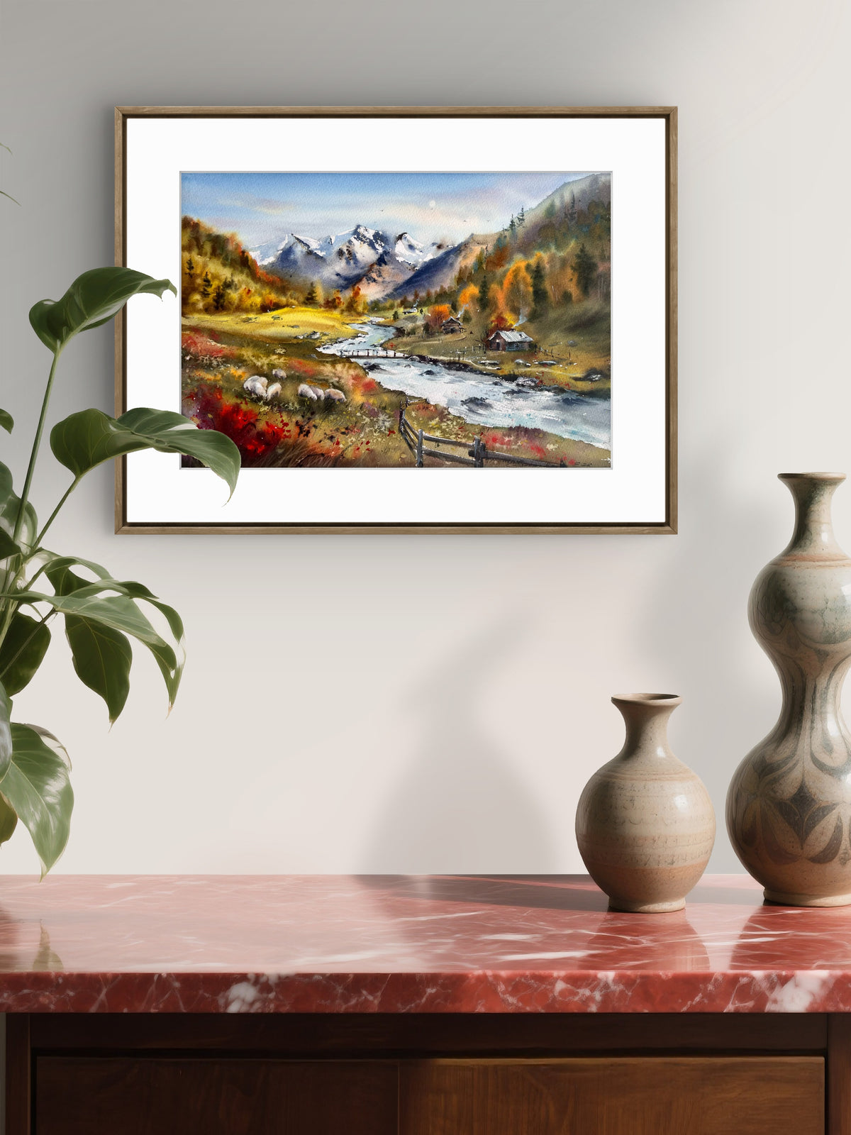 Mountain Landscape Watercolor, Alpine Village Painting, Autumn Valley Song 12x16