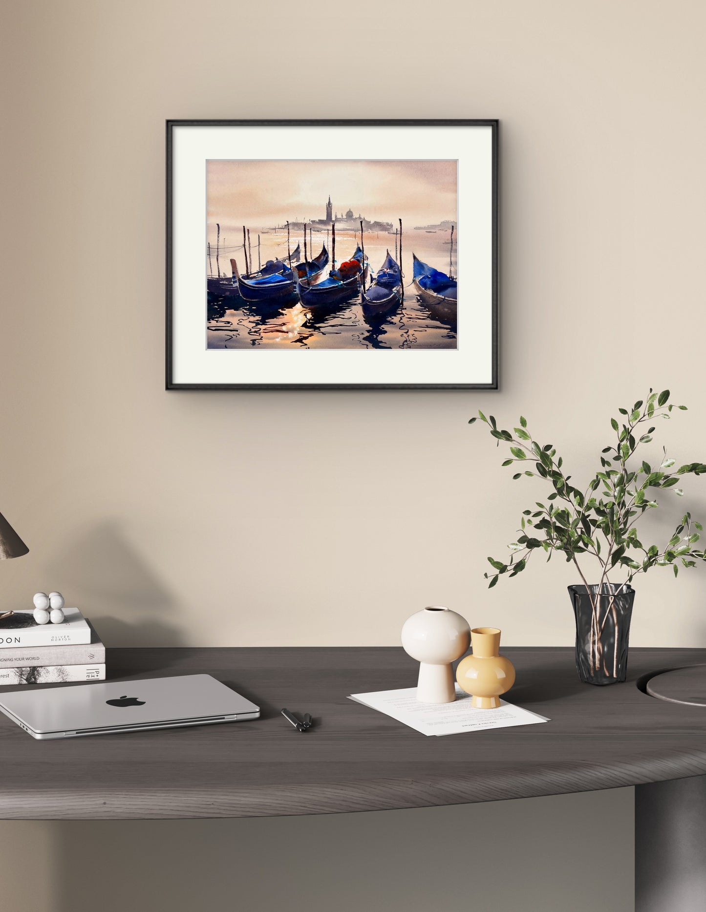 Venice Painting Original Art, Gondola Scene Watercolor - Sun-Kissed Boats of Venice