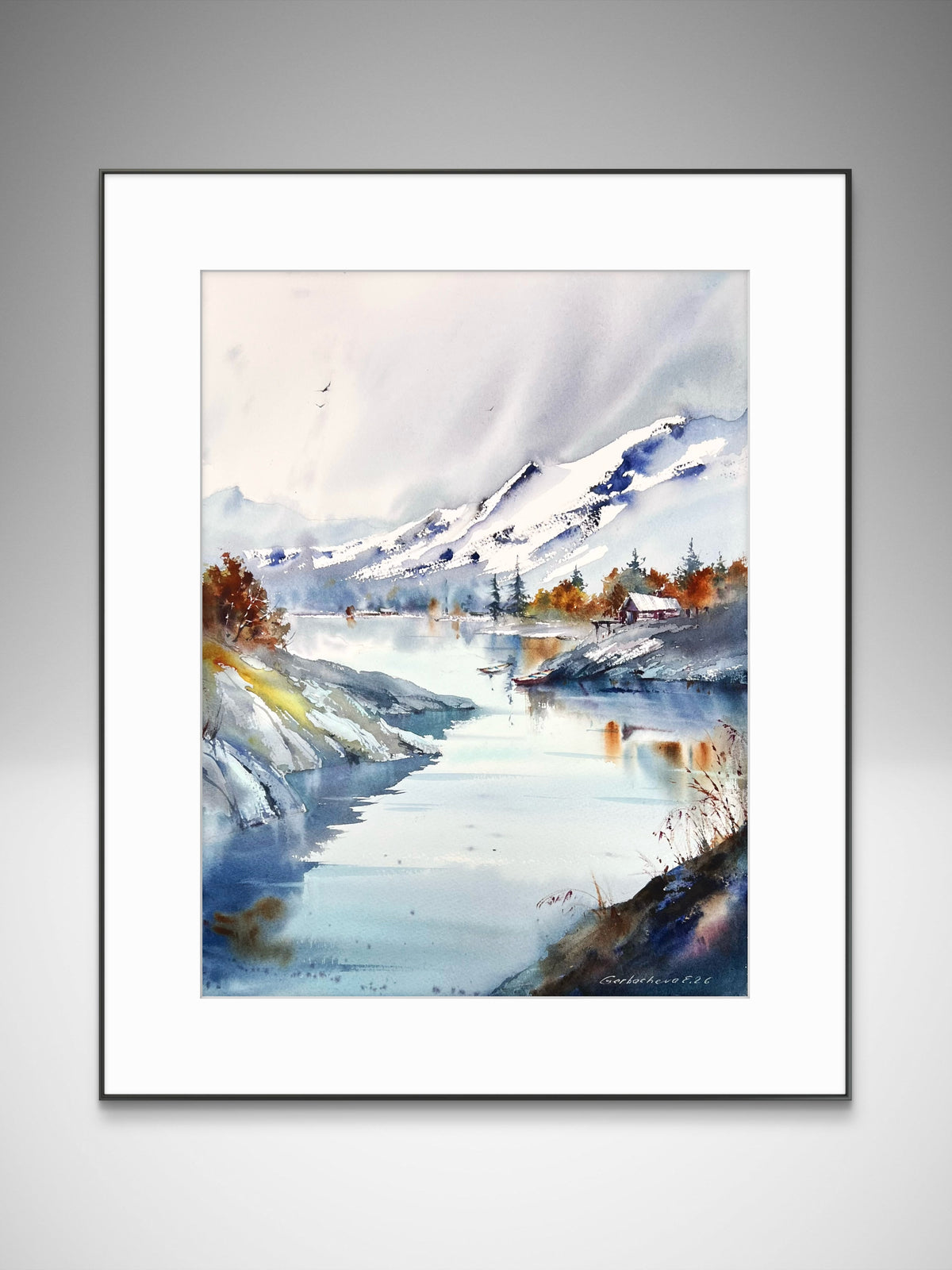 Mountain Lake Watercolor Painting, Snowy Mountain Landscape Art, Echoes of a Mountain Lake 12x16