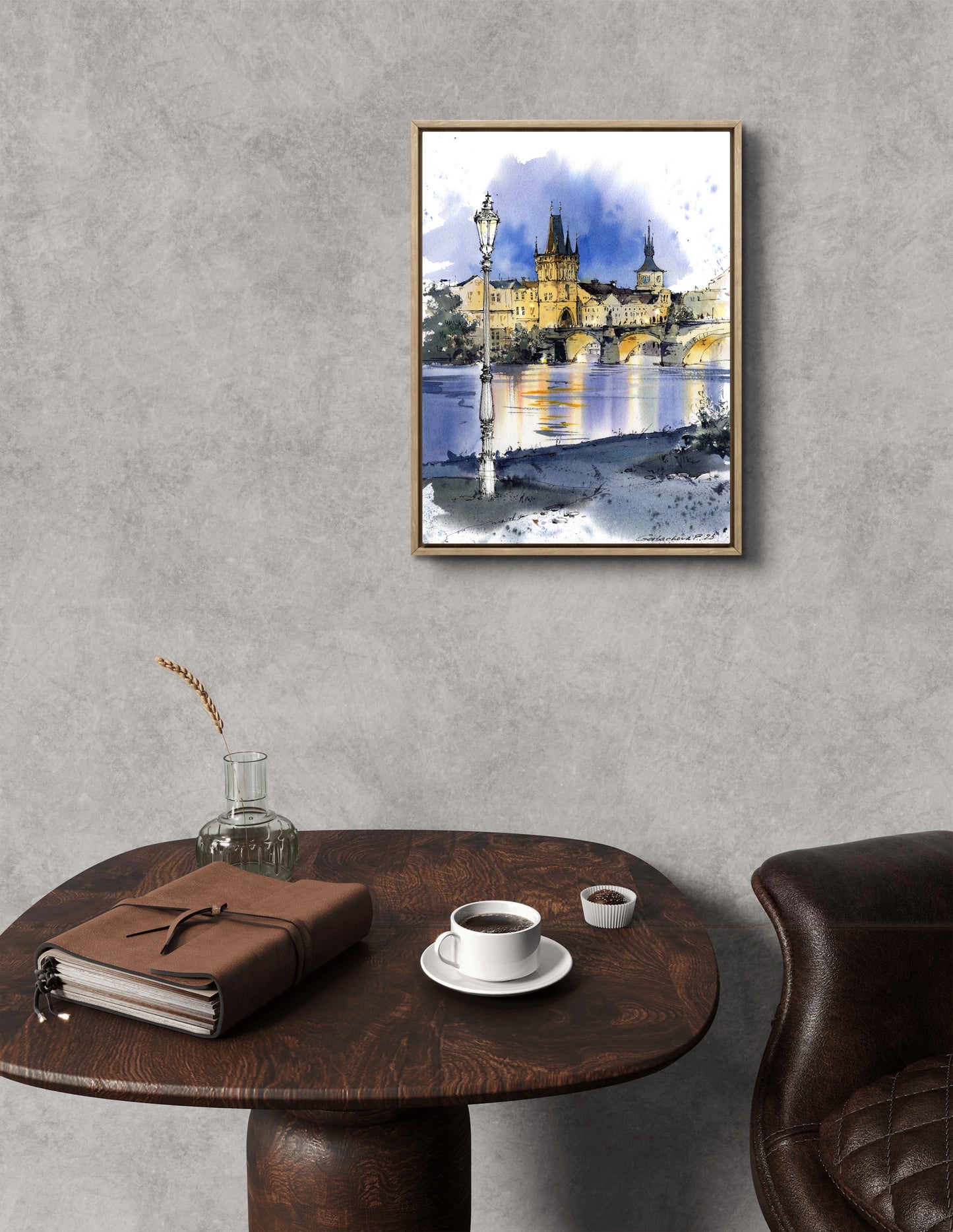 Charles Bridge Prague Watercolor Painting, Old Town Tower Art, Golden Prague Echo 9x12 in