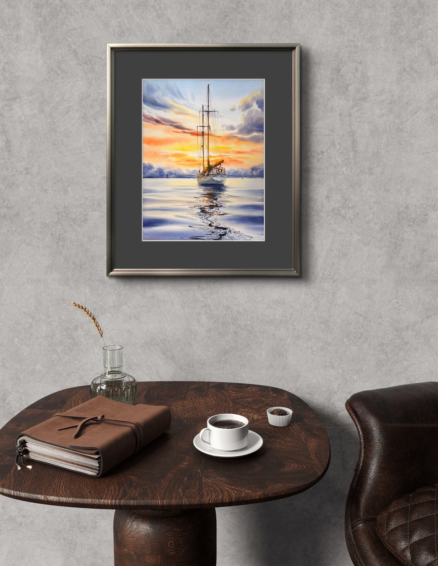 Original Watercolor Painting | Schooner Brilliant at Sunset |Golden hour on a yacht 12x16 in