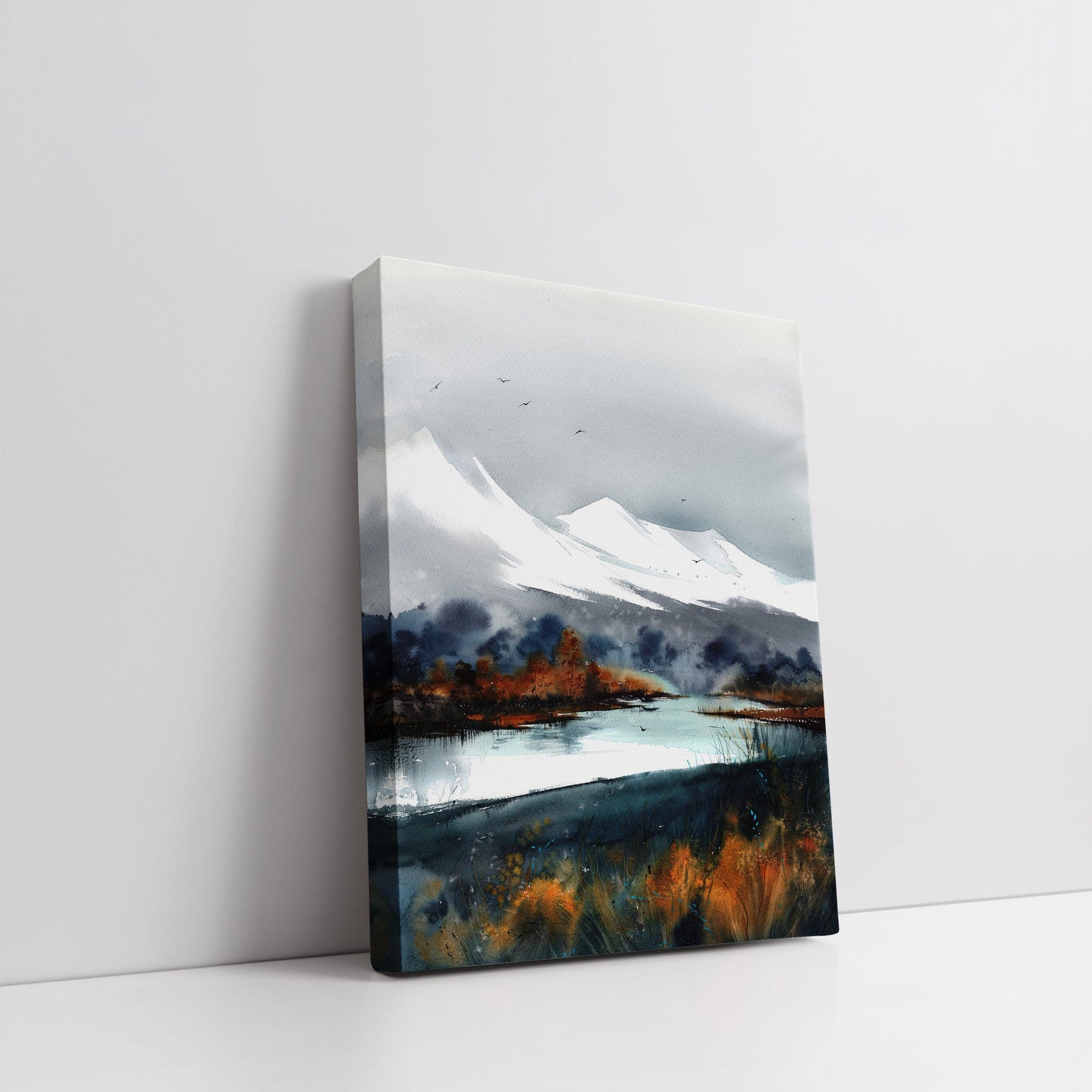 Fall Mountain Print, Abstract Landscape Wall Art, Watercolor Canvas Painting, Modern Art Gift, Grey, Living Room Decor
