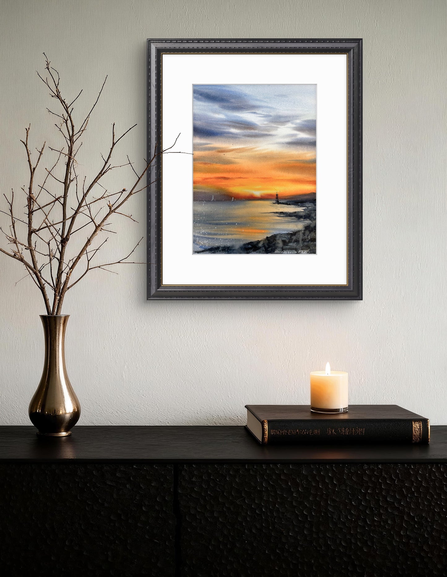 Lighthouse at Sunset #2 Watercolor Painting - Nautical Wall Art