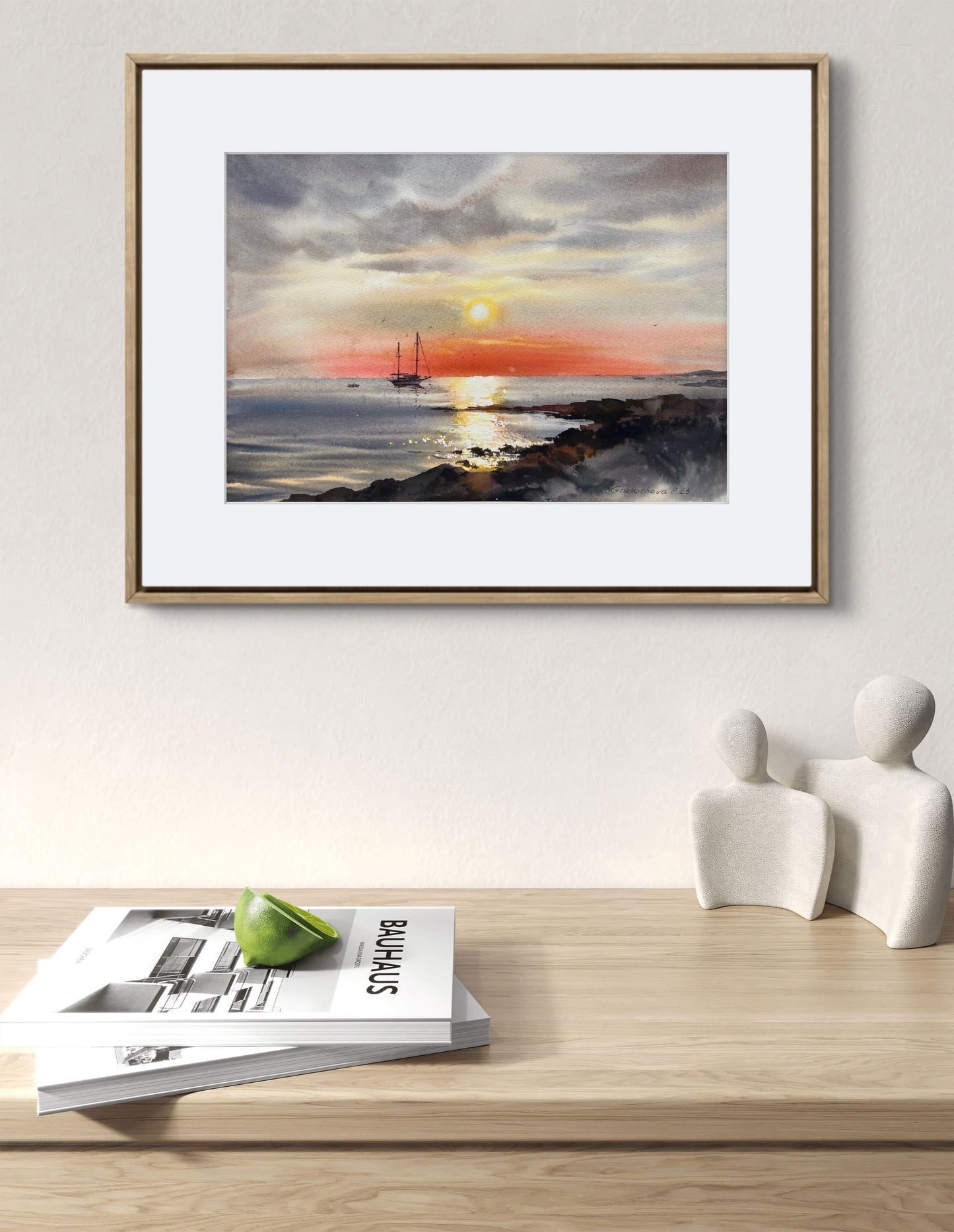 Sunset Seascape Watercolor Painting, Original Ocean Wall Art,Sunset on the sea Yacht 9x12
