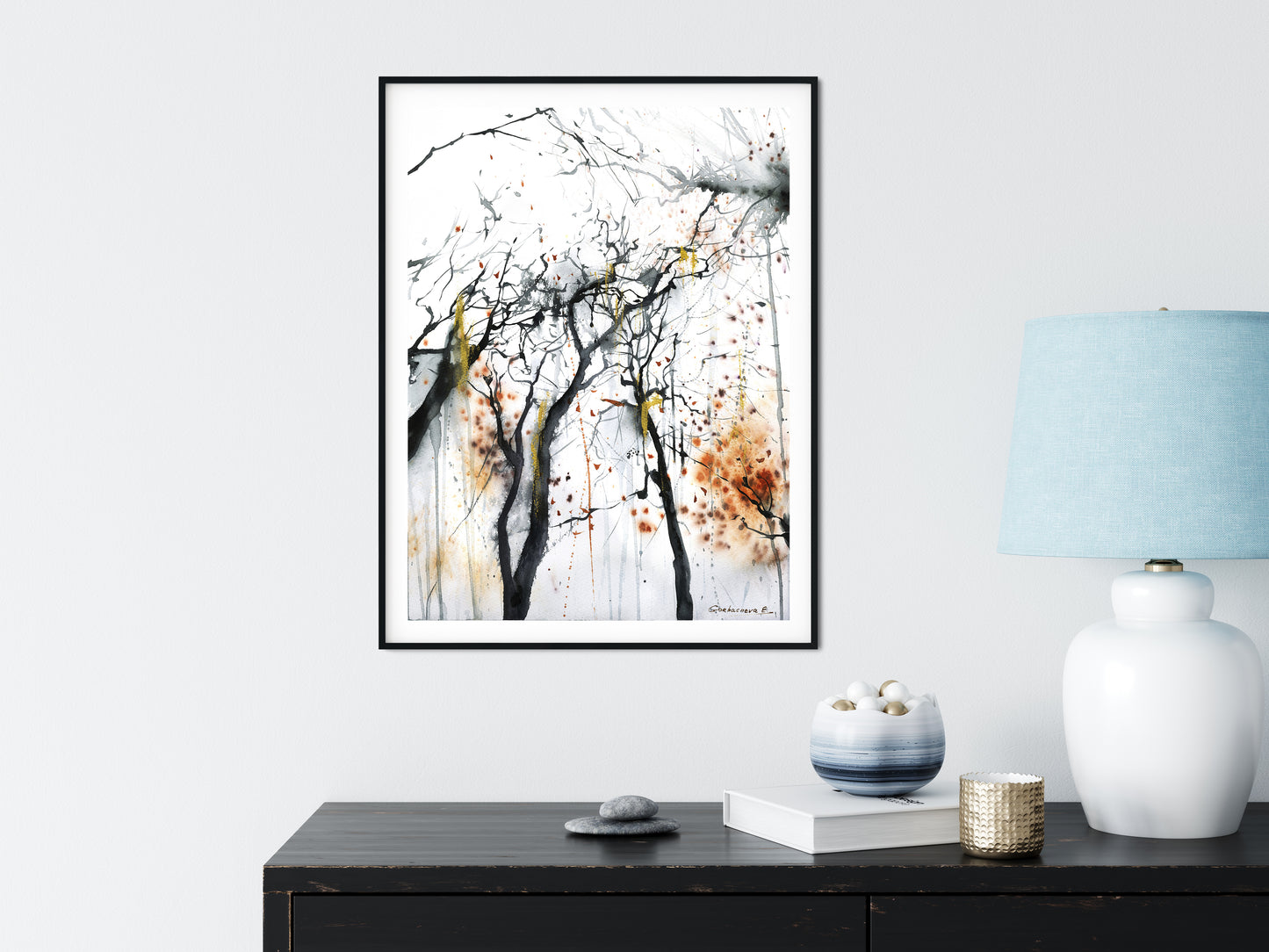 Watercolour Abstract Print, Autumn Dark Forest, Fall Prints, Sienna Wall Art, Landscape Painting, Scary Surreal Poster