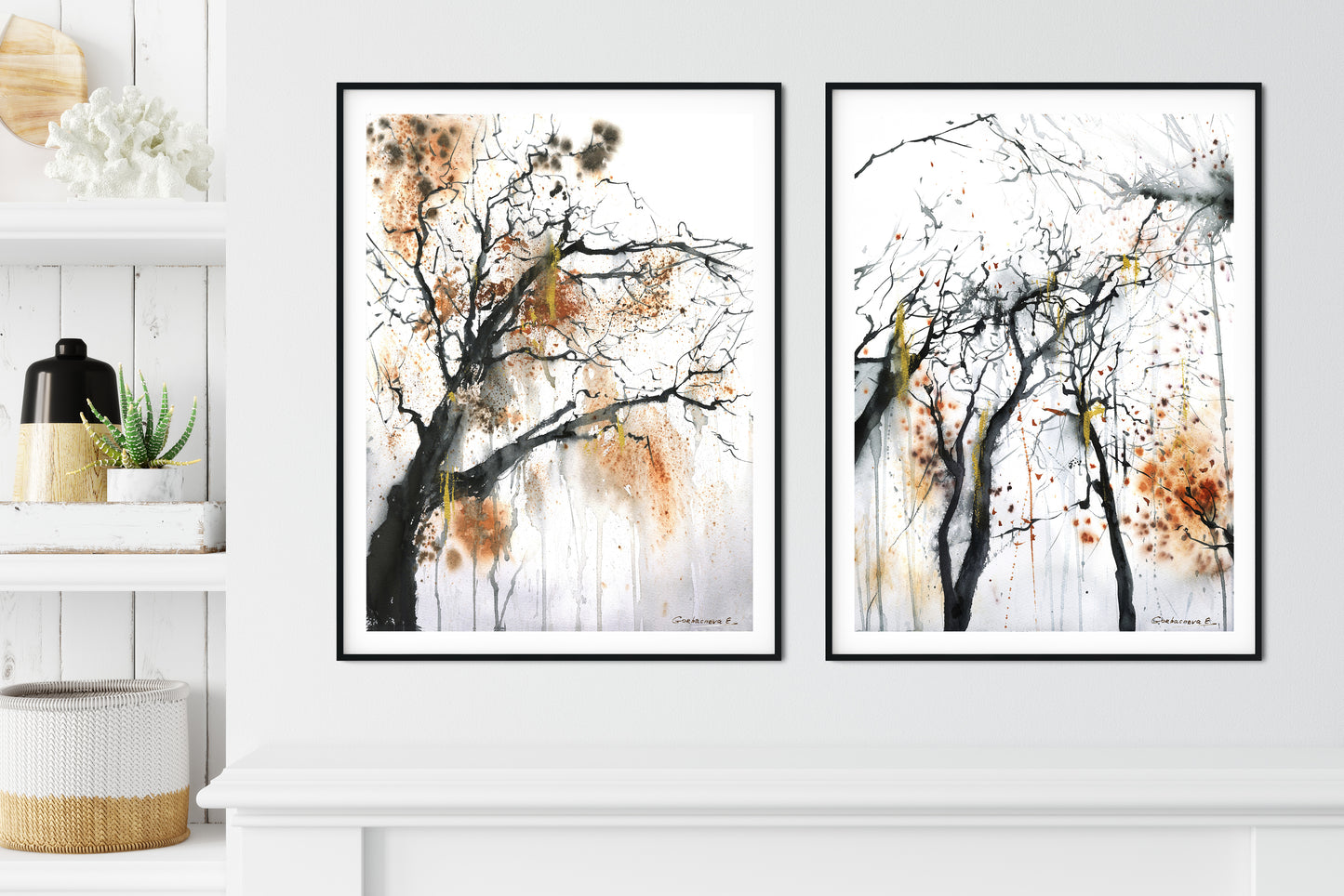 Abstract Forest Set of 2 Prints, Fall Trees Wall Decoration, Contemporary Art, Autumn Painting, Bedroom Decor