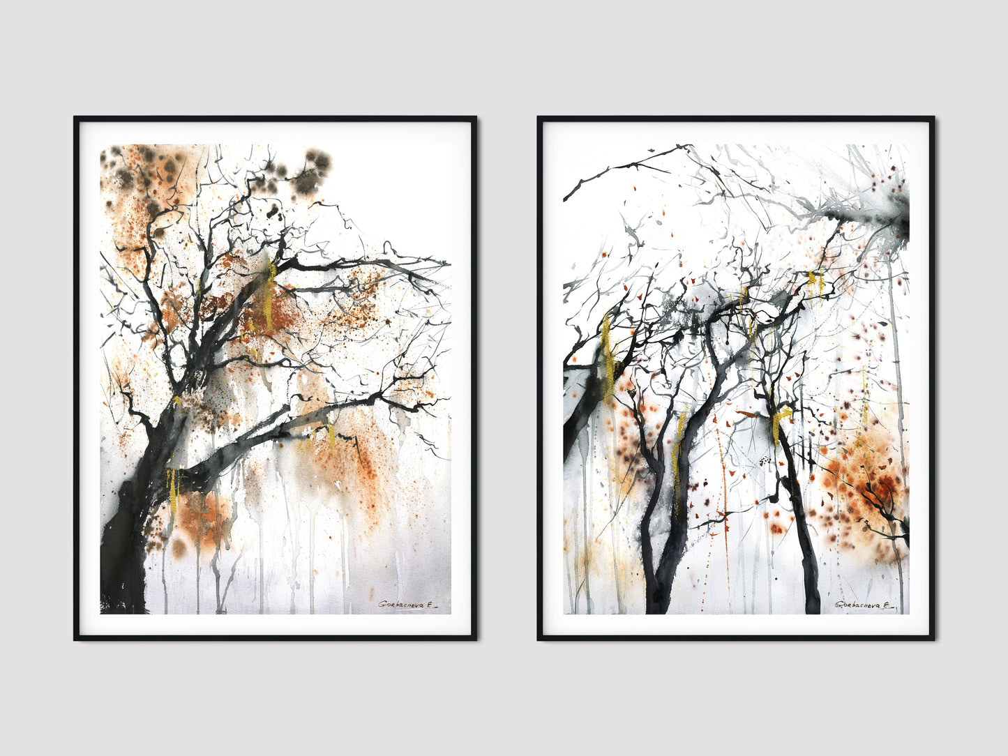 Abstract Forest Set of 2 Prints, Fall Trees Wall Decoration, Contemporary Art, Autumn Painting, Bedroom Decor