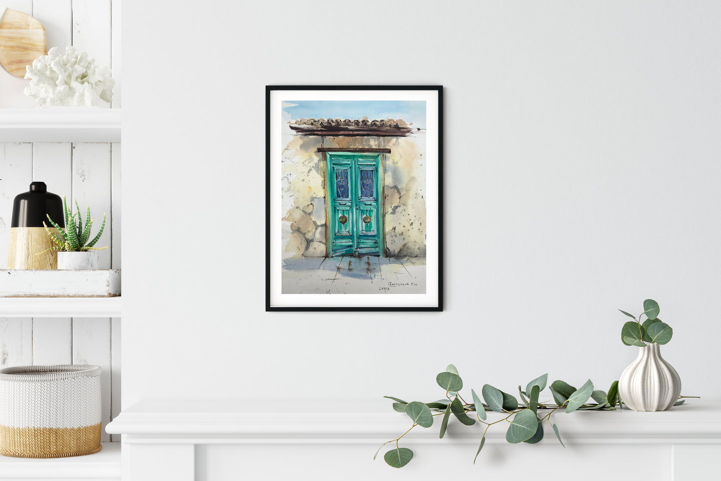 Green Door Painting, Greek Original Watercolor, Greece Wall Art, Architecture Artwork, Coastal City, Unique Gift
