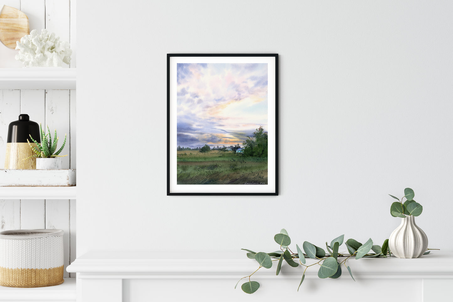 Clouds Field Painting, Modern Watercolor Original, Landscape Artwork, Courtyard  Wall Decor, Grey Sky, Gift Art Lovers