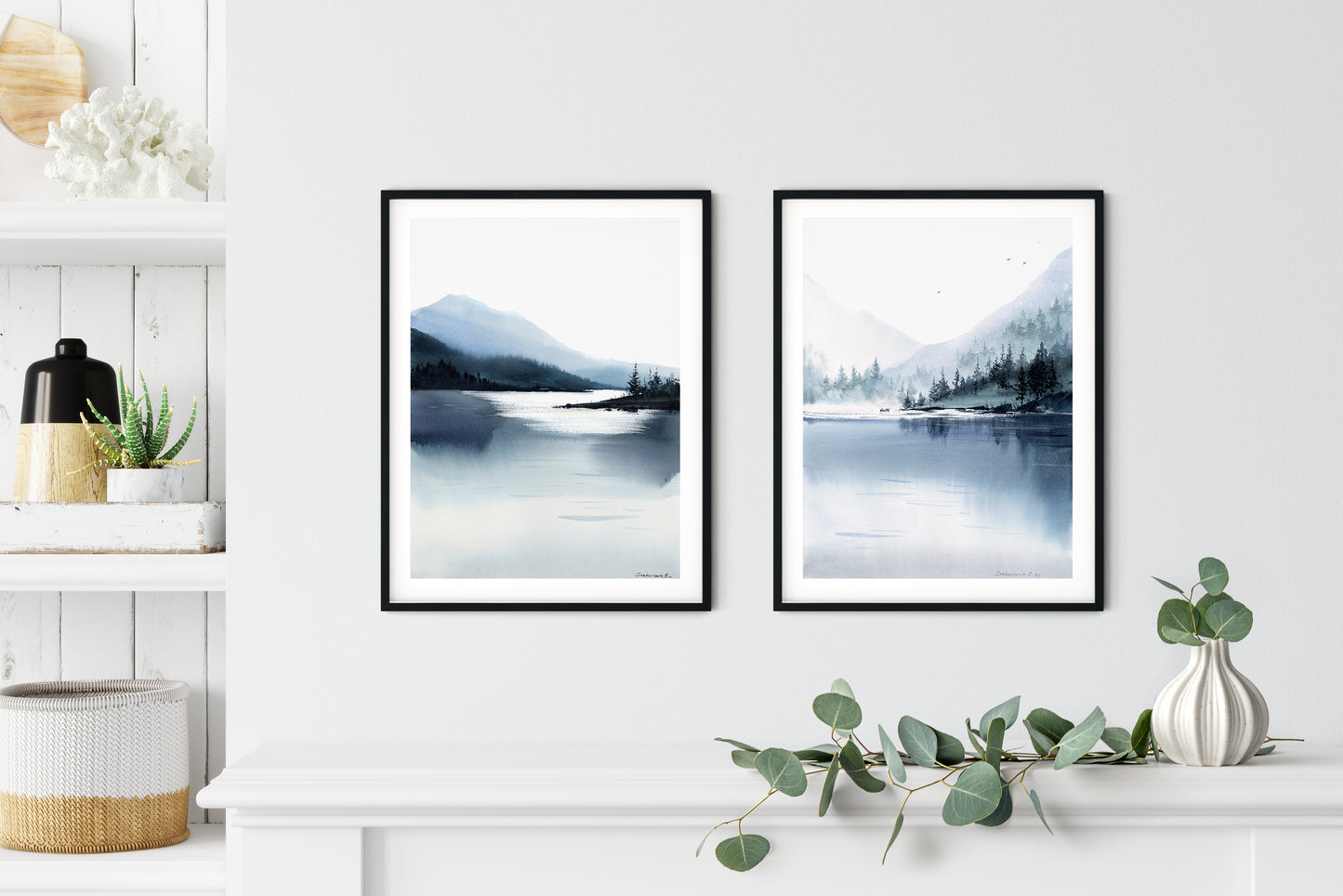 Misty Mountain Prints Set of 2, Watercolor Paintings, Abstract Landscape, Modern Nature Wall Decor, Pine Forest Lake