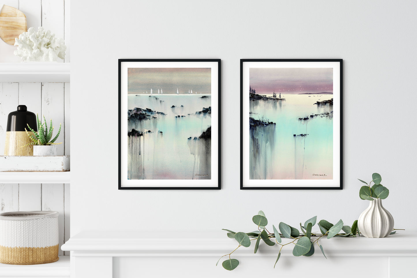 Abstract Art Set of 2 Pieces, Coastal Wall Prints, Modern Design Decor, Turquoise, Pink, Giclee Extra Large Canvas Print