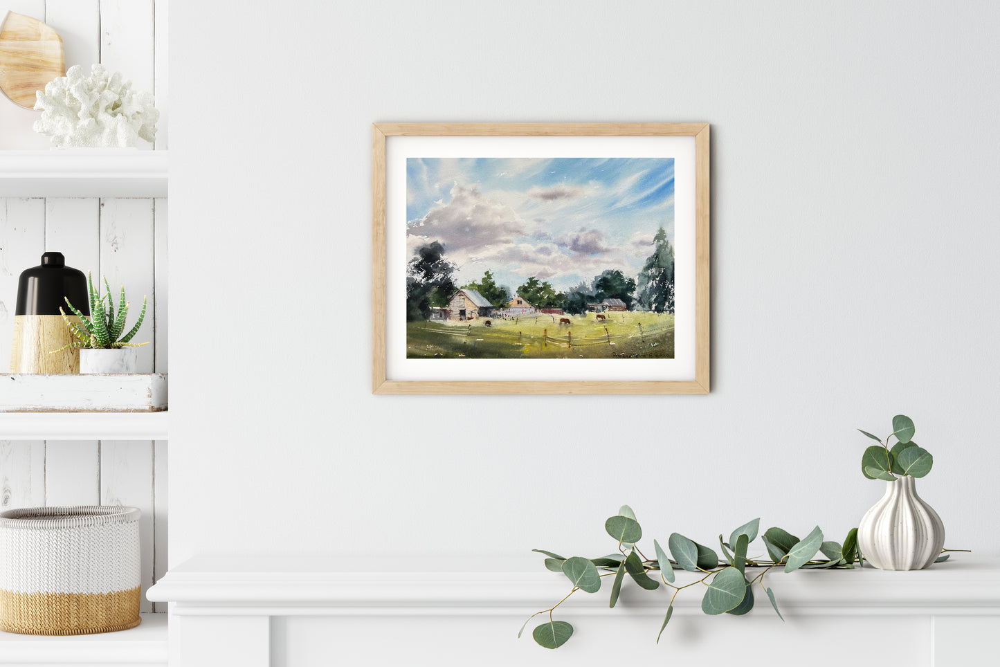 Summer Farm Painting Watercolor Original, Farmhouse Art Decor, Country Landscape With Cows & Barn, Scenery Painting