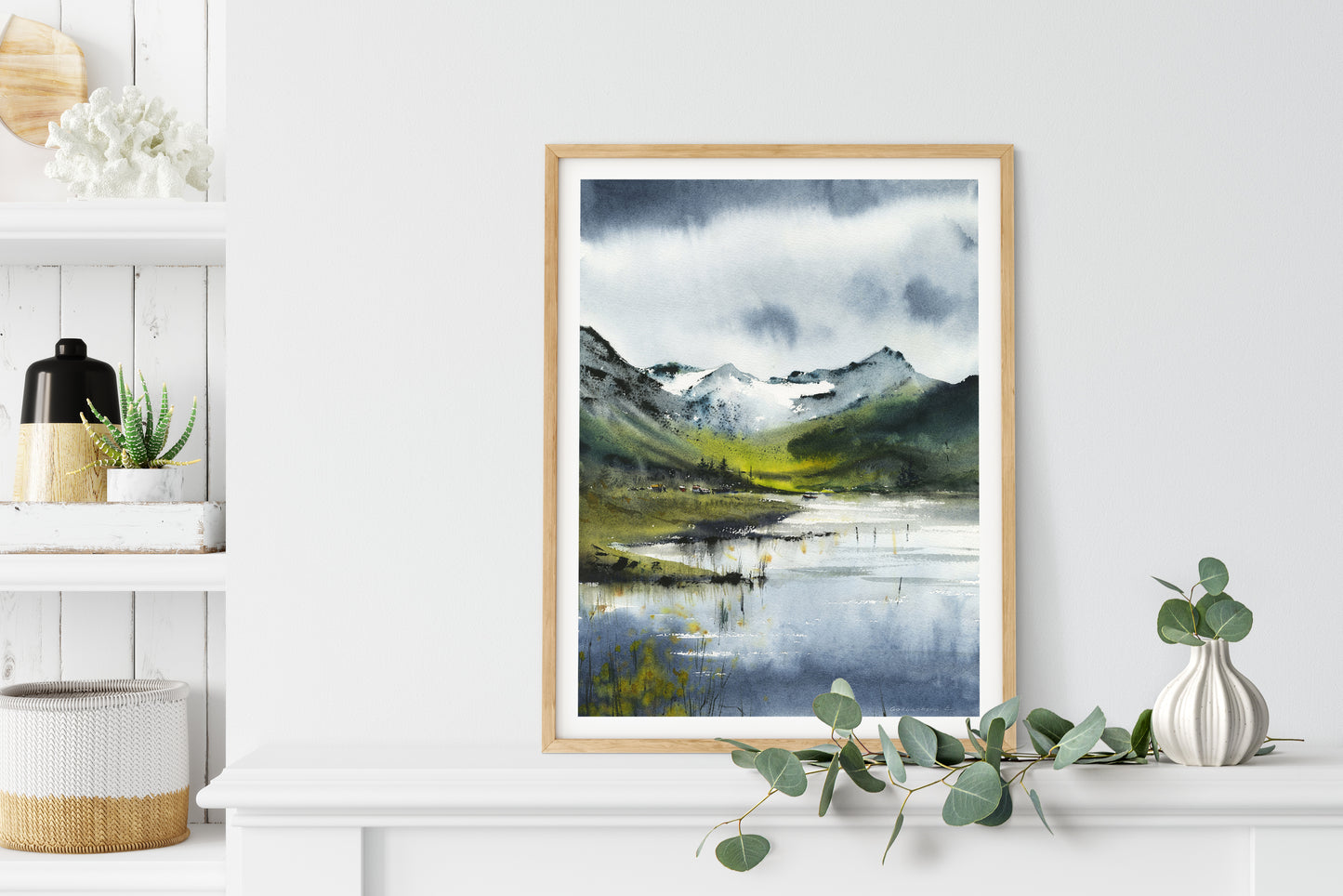 Abstract Mountain Landscape Large Print, Neutral Wall Art, Modern Home Decor, Green Forest Lake